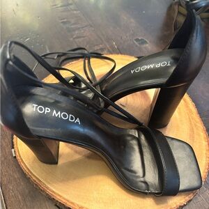 TOP Moda Black Strappy Block Heel Sandals with Ankle Wrap
